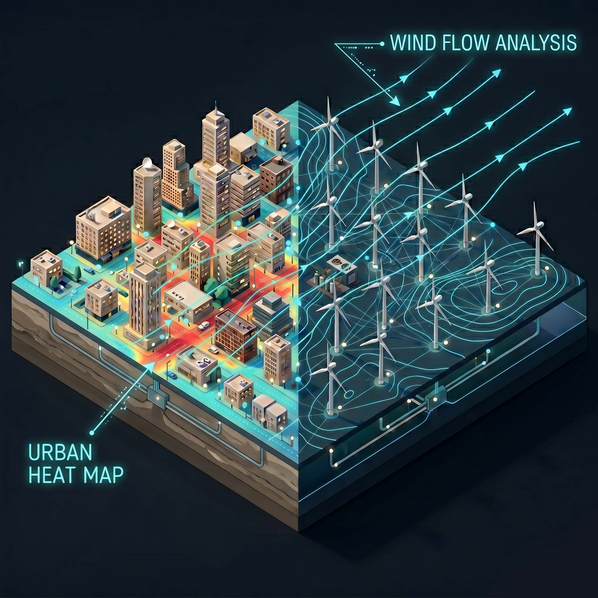 Heat island and wind analysis layered over the city and energy network