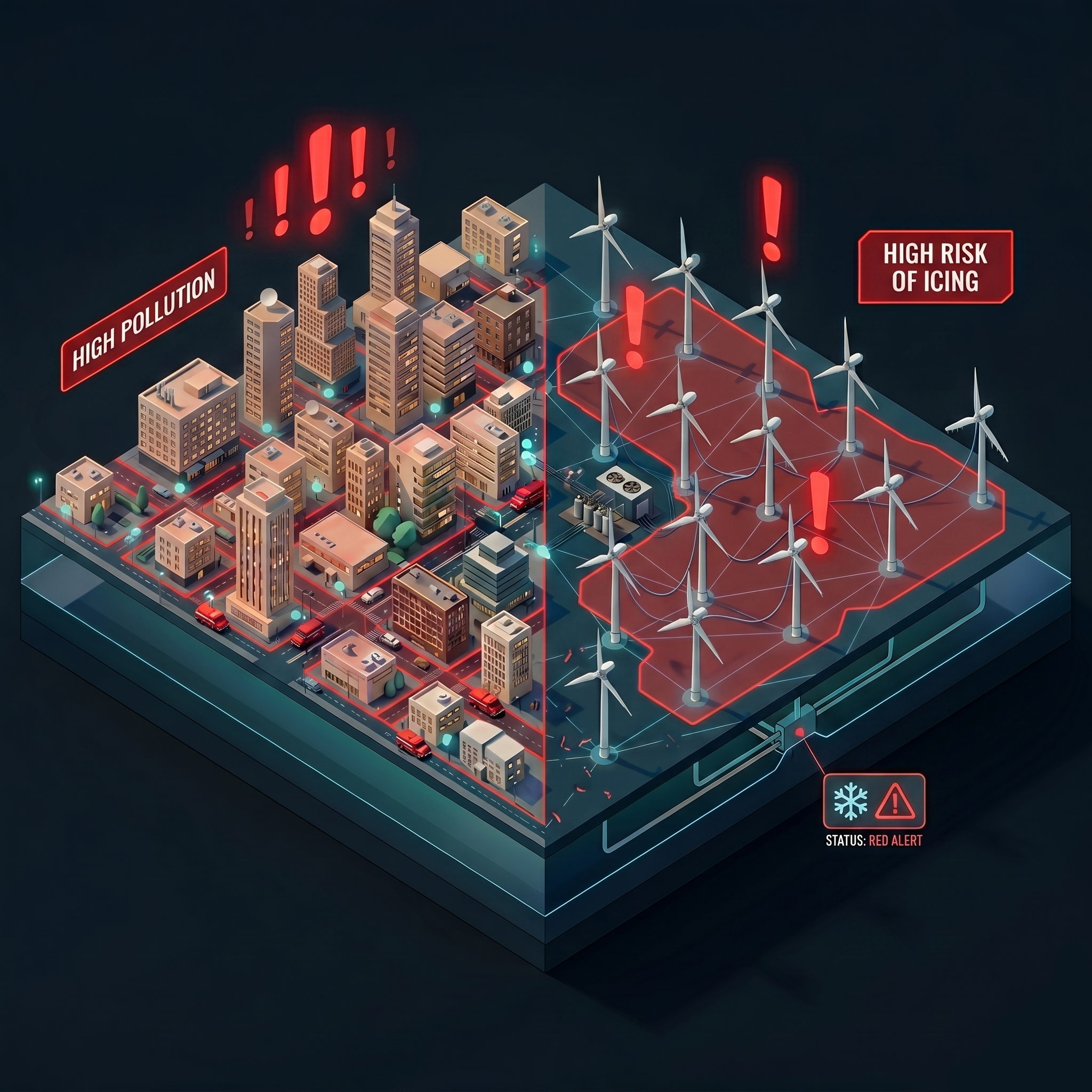 Red alert state highlighting icing and pollution risk across the map